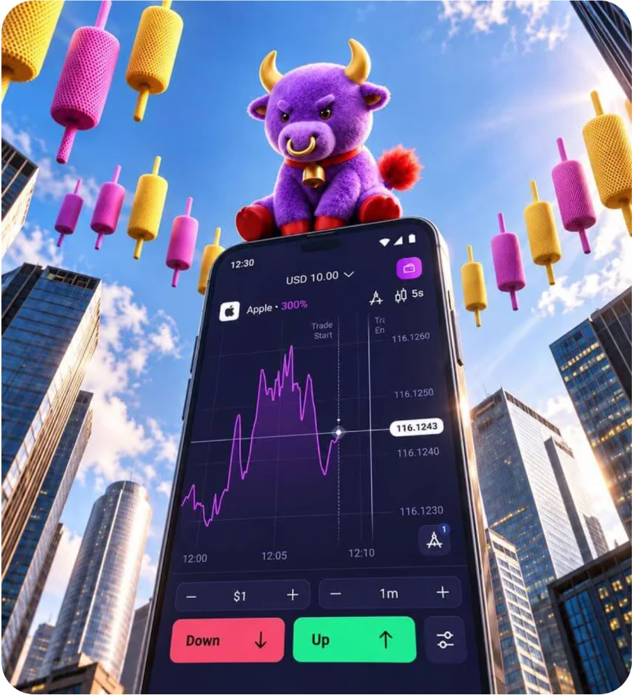 Ilustrasi promosi Zemmy Trade dengan maskot ungu dan tampilan grafik pada ponsel, bukan hasil trading nyata