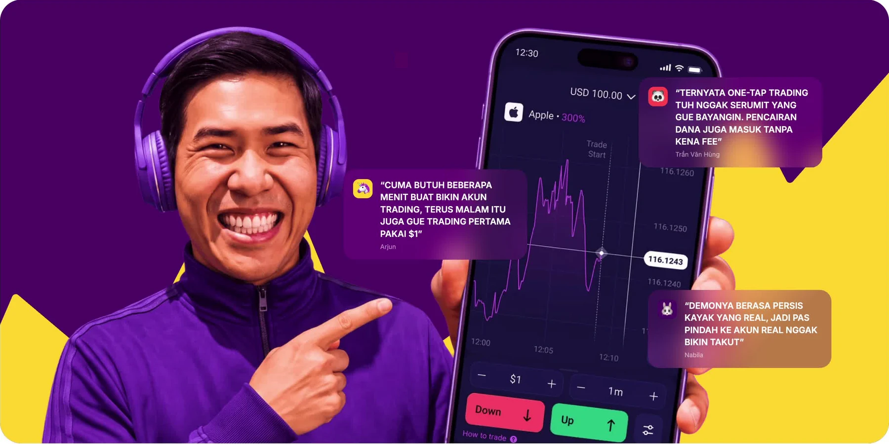Visual materi promosi: pengguna dengan headset ungu memperlihatkan ponsel